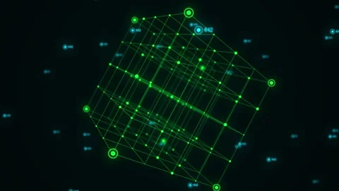 Abstract green sci-fi cube with particle and line with digital indicators. Stock-Footage 247552013