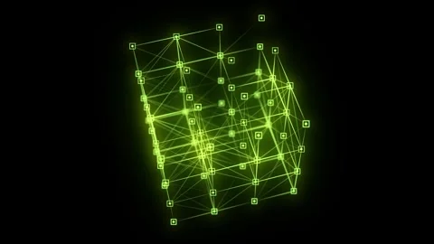Abstract green sci-fi cube with particle and line with digital indicators. Video stock 291964702