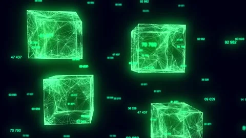 Abstract green sci-fi cubes with particle and line with digital indicators. Stock-Footage 280342211