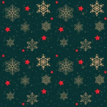 Abstract green seamless geometric pattern with golden snowflakes. A simple .. Stock Illustration