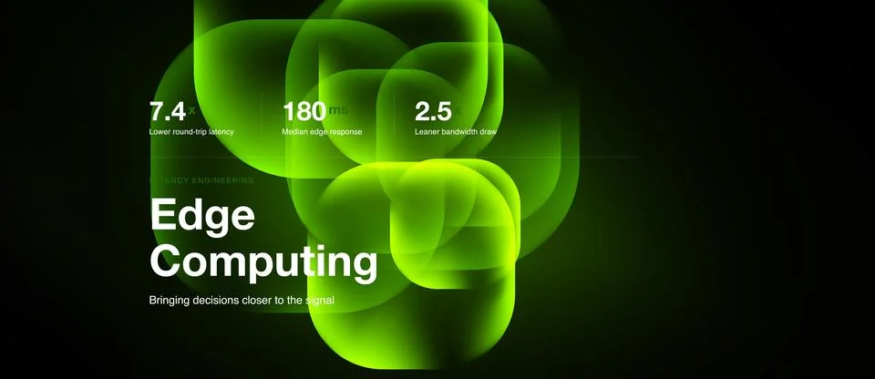 Abstract green shapes highlight data points. Text promotes edge computing, Stock Illustration