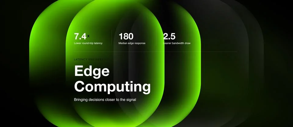 Abstract green shapes highlight data points. Text promotes edge computing, Stock Illustration