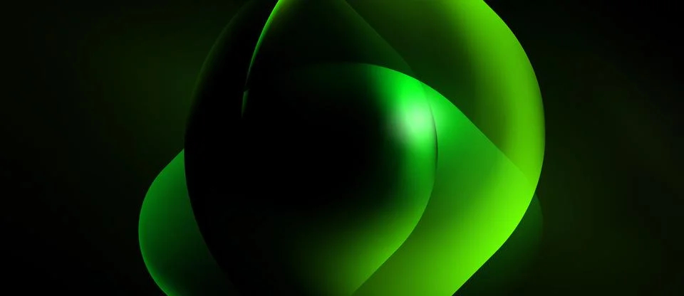 Abstract green shapes overlap, creating luminous curves. Dark background Illustrazione stock