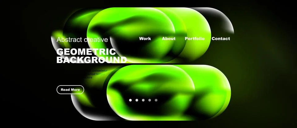 Abstract green shapes overlap dark background. Website navigation visible, Ilustração Stock