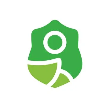 Abstract green shield vector logo icon featuring a stylized human figure and Stock Illustration
