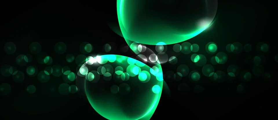 Abstract green spheres float against dark background. Glowing particles creat Illustrazione stock