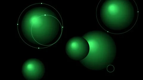Abstract green spheres floating in space with digital orbit rings motion gr.. Stockbeeldmateriaal 345573560