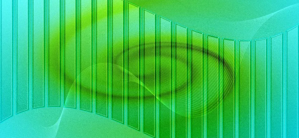 Abstract green spiral pattern with vertical lines and glowing light effects.. Stock Illustration