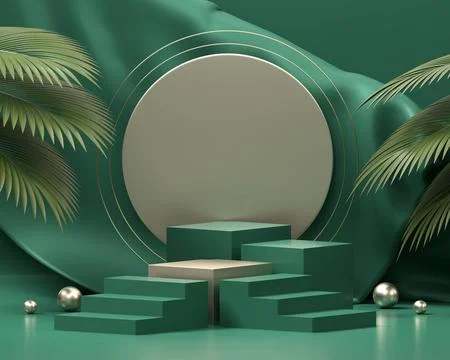 Abstract green steps platform podium showcase for product display with palm.. Stock-Illustration