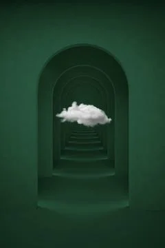 Abstract green surreal 3d render with white cloud. Arch corridor emerald green Stock Illustration