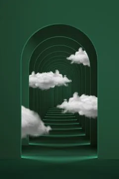 Abstract green surreal 3d render with white clouds. Arch corridor emerald green Stock Illustration