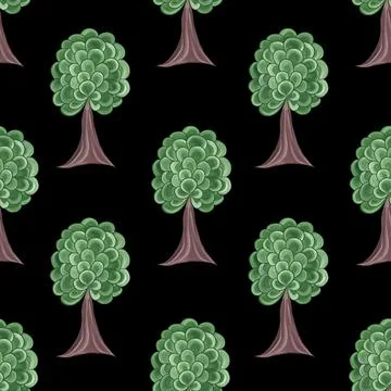 Abstract green trees on a black background. Seamless pattern. Ecology. Forest Stock Illustration