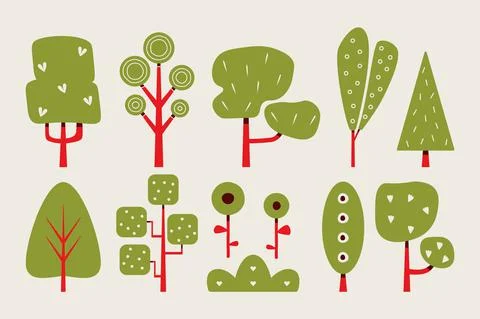 Abstract green trees. Hand drawn cartoon tree set, doodle branches. Trendy Stock Illustration