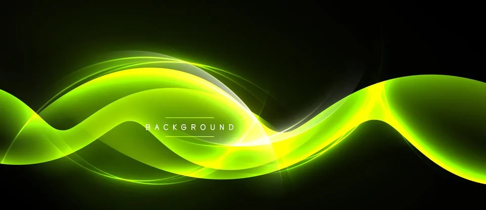 Abstract green waves flow across black background. Bright luminous lines crea Stockillustratie