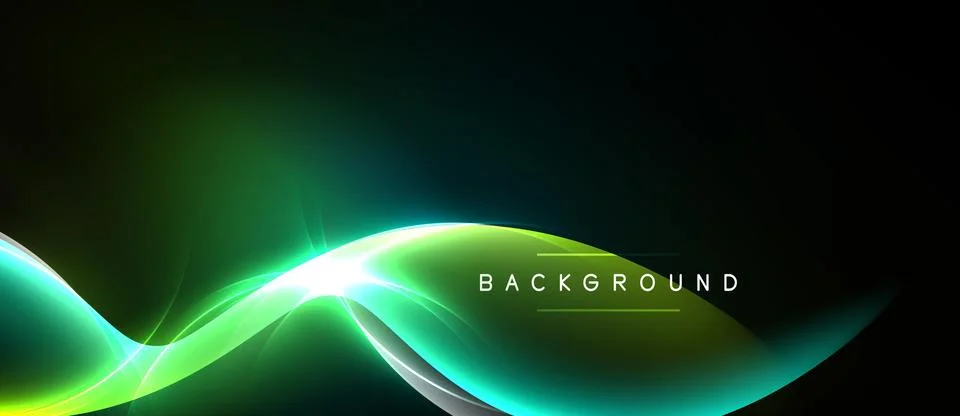 Abstract green waves flow across dark background. Bright light highlights c.. Stock Illustration