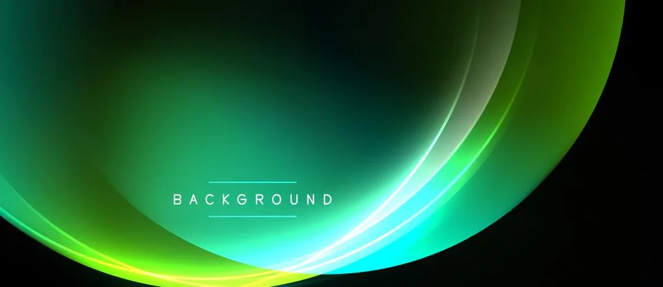 Abstract green waves flow across black space. Bright curves create dynamic Stock Illustration