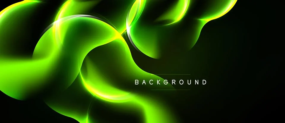 Abstract green waves flow across dark background. Bright neon curves create Stock Illustration