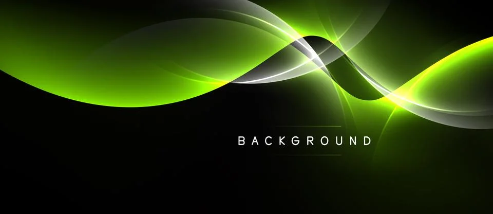 Abstract green waves flow across black space. Bright highlights create dynami Stock Illustration