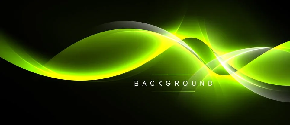 Abstract green waves flow across black space. Bright light emanates from cu.. Stock Illustration