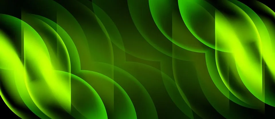 Abstract green waves overlap black background. Smooth gradients create dynami Illustrazione stock