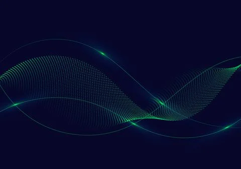 Abstract green wavy lines with dots particles and lighting on dark blue backg Stock Illustration