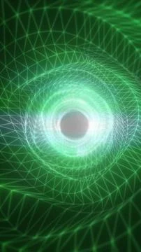 Abstract green wireframe tunnel with glowing polygon mesh, digital network .. Stockillustratie