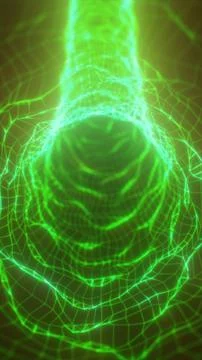 Abstract green wireframe vortex with glowing mesh contours and layered digi.. Illustrazione stock