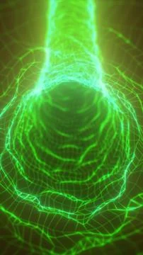 Abstract green wireframe vortex with glowing mesh contours and layered digi.. Stock Illustration