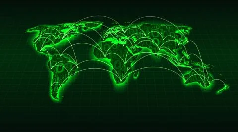 Abstract green world map from digital binary code on a grid background, matrix Stock Illustration