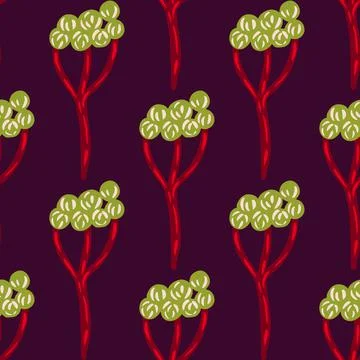 Abstract green yarrow elements seamless pattern. Dark purple background. Deco Stock Illustration