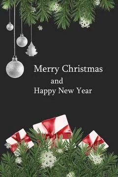 Abstract greeting card with Christmas tree branches, snowflakes, gifts and Stock Photos