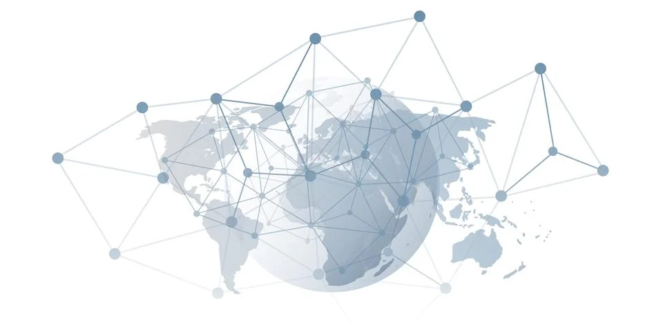 Abstract grey globe with 3d network points and lines connecting continents .. Illustrazione stock