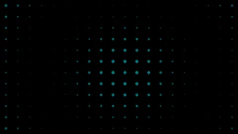 Abstract grid of glowing blue dots arranged on a deep black background Video stock 335117473