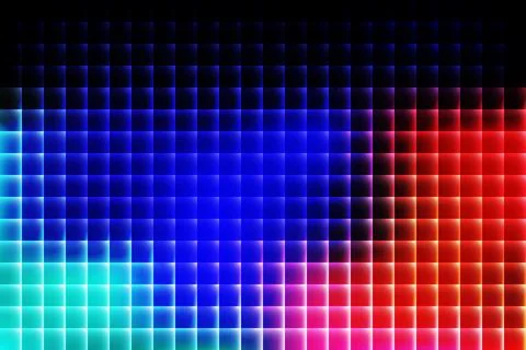 Abstract grid of glowing neon squares in blue red and cyan background Stock Illustration