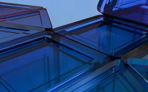 Abstract grid of interlocking blue translucent geometric panels. Reflection.. Stock Illustration