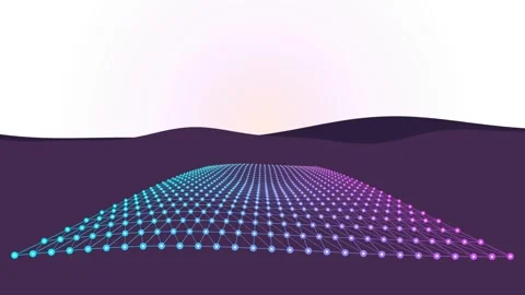 Abstract grid network pulses over dark landscape at sunset or sunrise creat.. Stock Footage 341579558