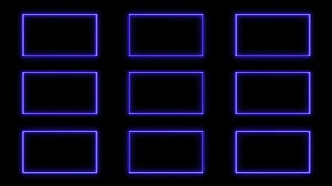 Abstract grid of nine glowing purple neon rectangle frames pulsing and loop.. Video stock 334829699