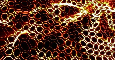 Abstract grid of waves of hexagons from stripes and lines of bright yellow .. Illustrazione stock