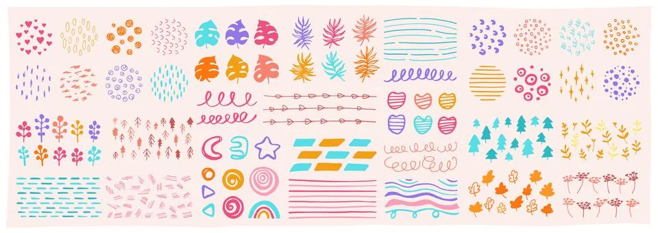 Abstract grunge shape doodle object paint set ink brush scribble curve color Stock Illustration