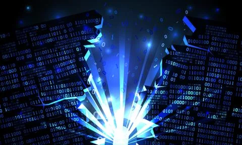 Abstract with a hacked array of binary data, explosion, blown-up binary code Illustrazione stock