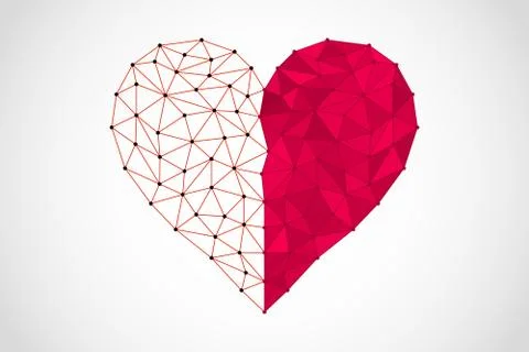 Abstract half full half empty heart icon from lines and triangles, point conn Stock Illustration