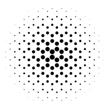 Abstract halftone circle of dots in radial hexagonal. Black and white vector Stock Illustration