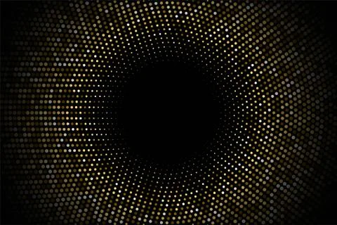 Abstract halftone circular background. Gold, grey, amber dot pattern on black Stock Illustration