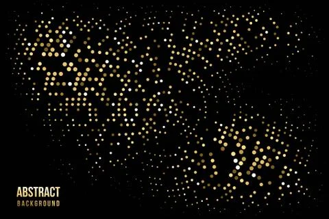 Abstract halftone circular background. Gold, grey, amber dot pattern on black Stock Illustration