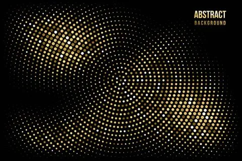 Abstract halftone circular background. Gold, grey, amber dot pattern on black Stock Illustration