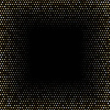 Abstract halftone circular background. Gold, grey, amber dot pattern on black Stock Illustration