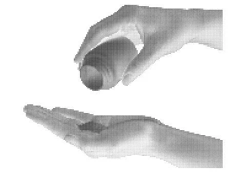 Abstract halftone dot illustration of human hands reaching out to each othe.. Stock Illustration