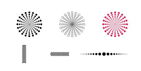 Abstract halftone dot pattern with arrows and geometric burst lines for mod.. Stock Illustration