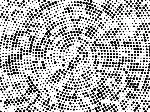 Abstract halftone pattern with black dots swirling and radiating outwards Illustrazione stock
