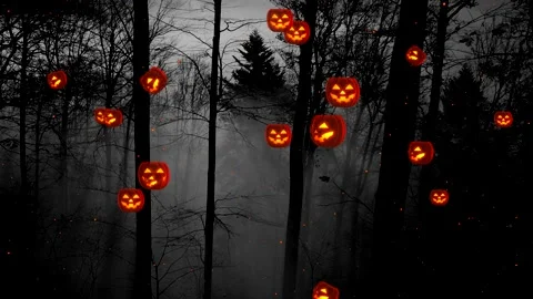 Abstract halloween pumpkins flying through a spooky black autumn forest 스톡 동영상 140173463